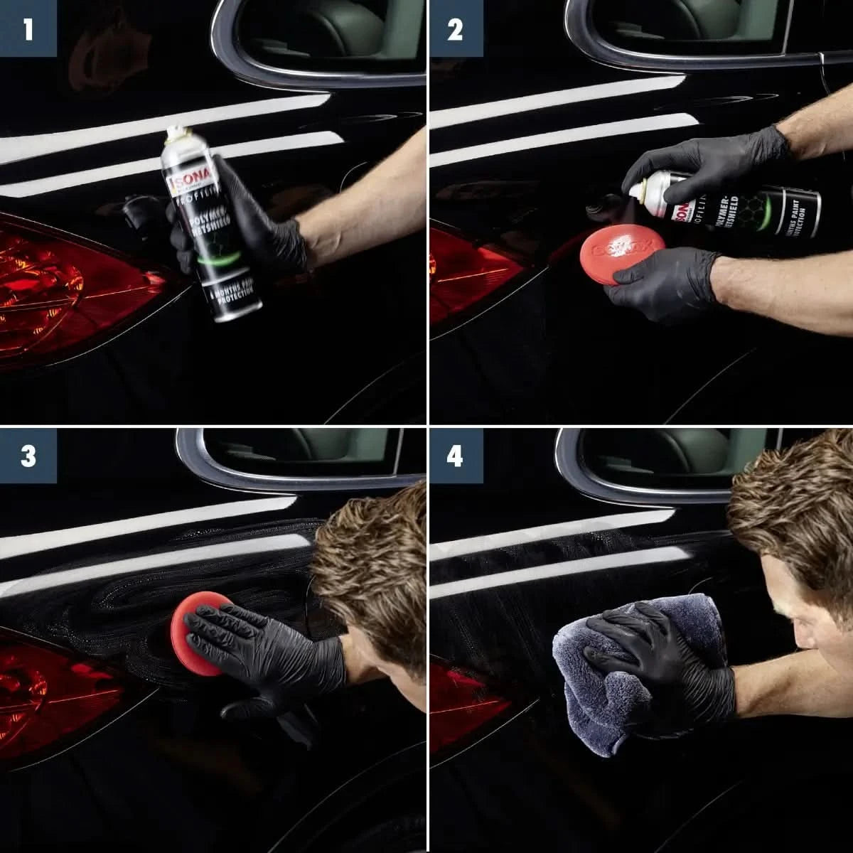 Anwendung von Sonax Profiline Polymer NetShield 340ml zur Fahrzeugpflege mit Schwamm und Mikrofaserhandtuch durch SONAX.
