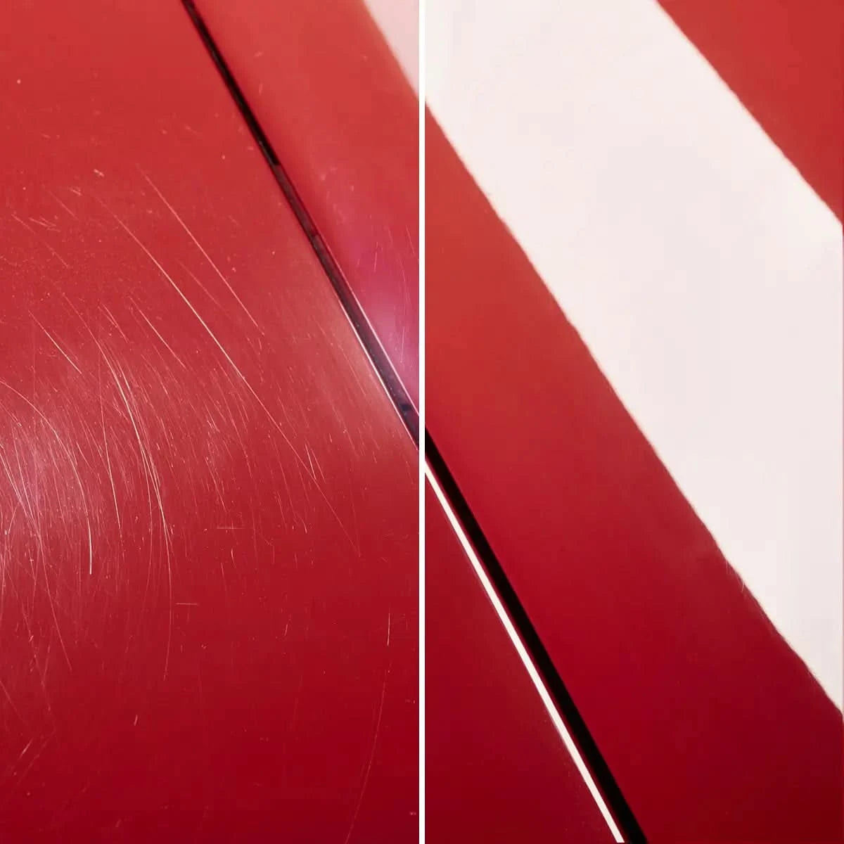 Sonax Xtreme Polish+Wax 2 Hybrid NPT 500ml zeigt Vorher-Nachher-Ergebnis auf roter Autolackoberfläche von SONAX Reiniger.