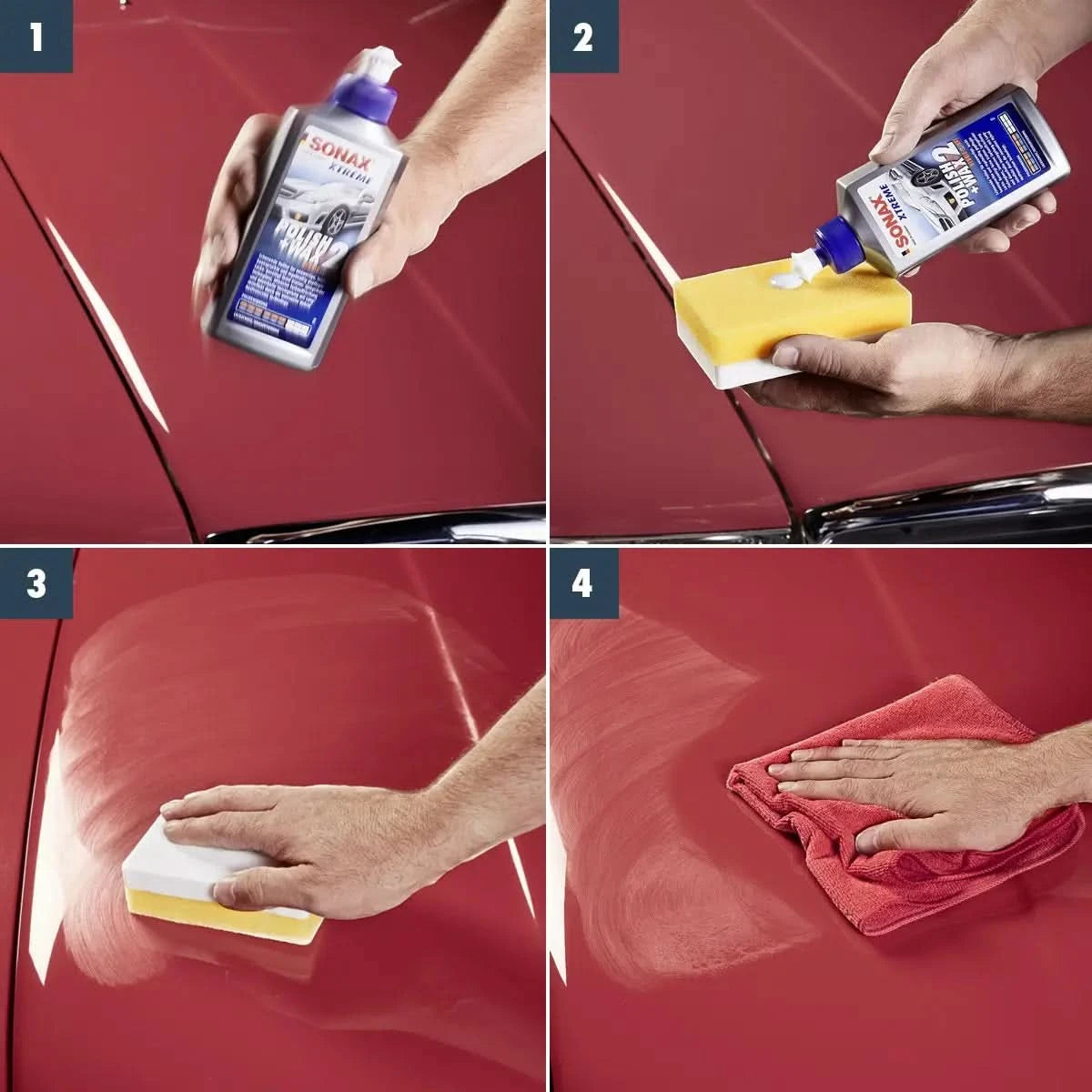 Anwendung von Sonax Xtreme Polish+Wax 2 Hybrid NPT 500ml zur Autopolitur und -pflege von SONAX mit Schwamm und Tuch.
