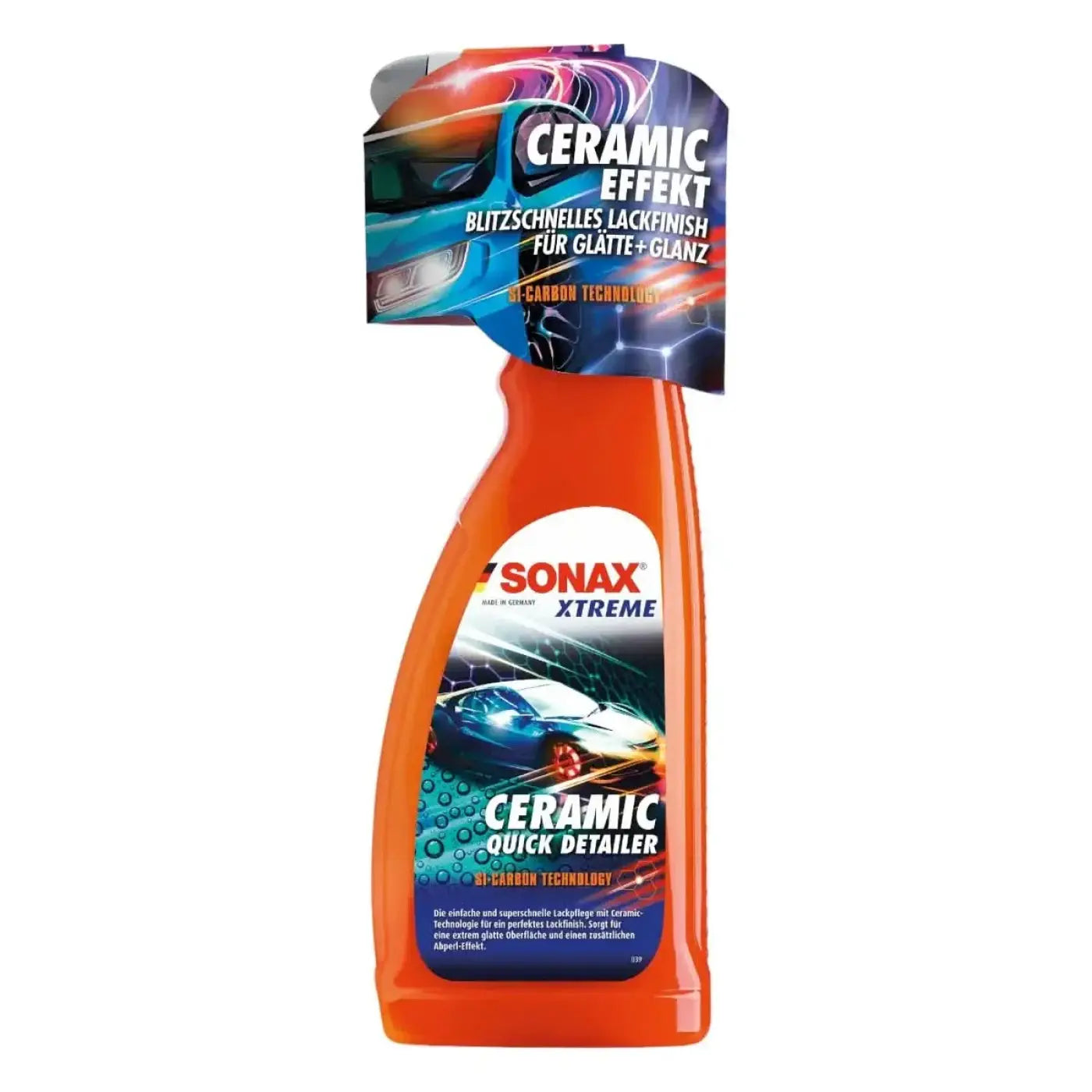 Orange kunststoffsprühflasche sonax xtreme ceramic quick detailer 750ml mit blau-schwarzem etikett und autofoto