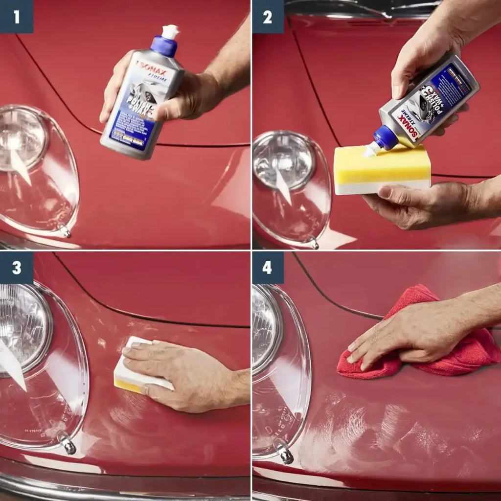 Silberne sonax xtreme polish wax flasche mit blauem deckel wird mit gelbem schwamm auf der motorhaube eines roten autos aufgetragen