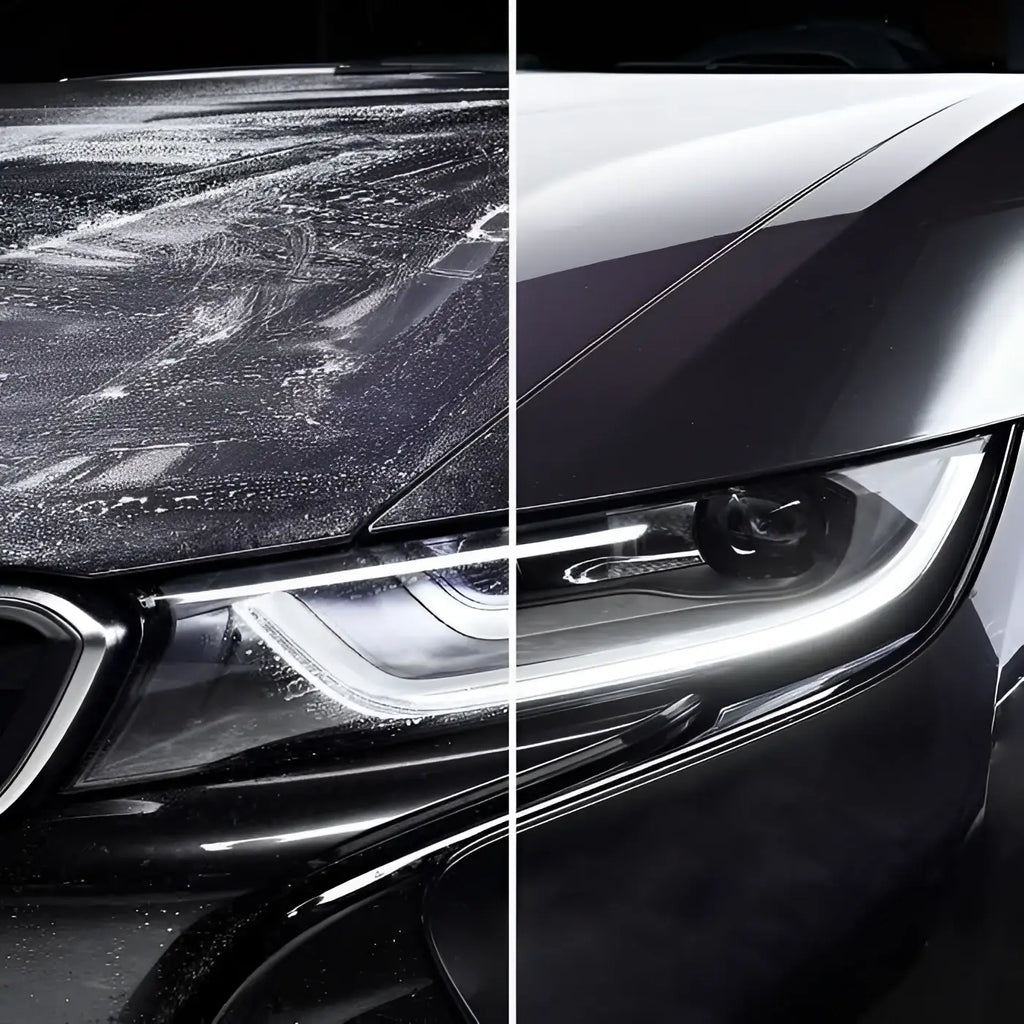 Glänzende schwarze motorhaube eines autos mit wassertröpfchen und schlankem led-scheinwerfer mit sonax xtreme richfoam shampoo 1l