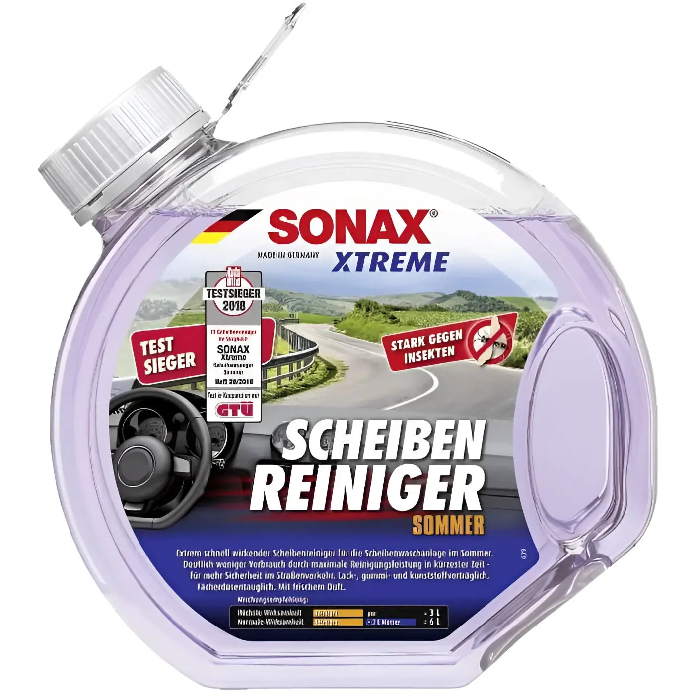 Transparente plastikflasche mit weißem schraubverschluss und sonax xtreme etikett in rot und blau für scheibenreiniger sommer 3l