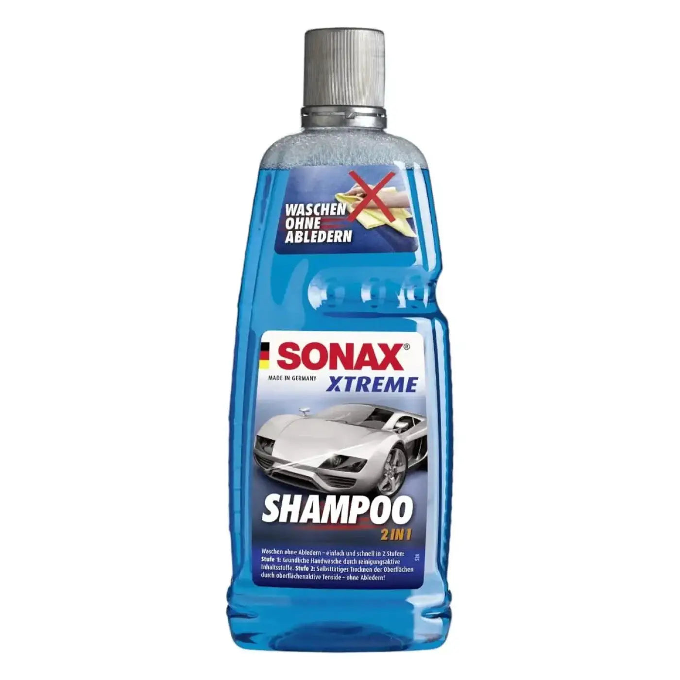 Blue sonax xtreme shampoo 2 in 1 1l flasche mit silbernem deckel und weißem sportwagen auf etikett