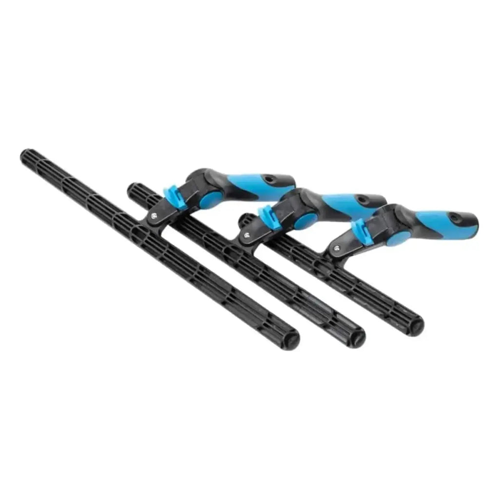 Set of three black and blue plastic ergonomically handled window cleaning squeegees from swivermaster schwenkmaster
