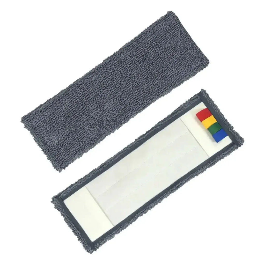 Grauer microfiber-moppkopf mit weißem klebestreifen und bunten laschen für unger ergo taschenmopp 40 cm