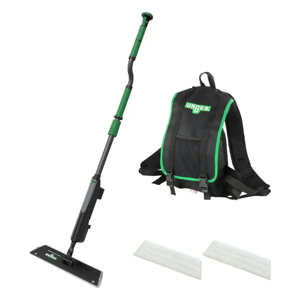 Unger ergo wax bodenbeschichtungsset mit grün schwarzem nassmopp, verlängerbarem griff, rucksack und zwei mikrofaserpads