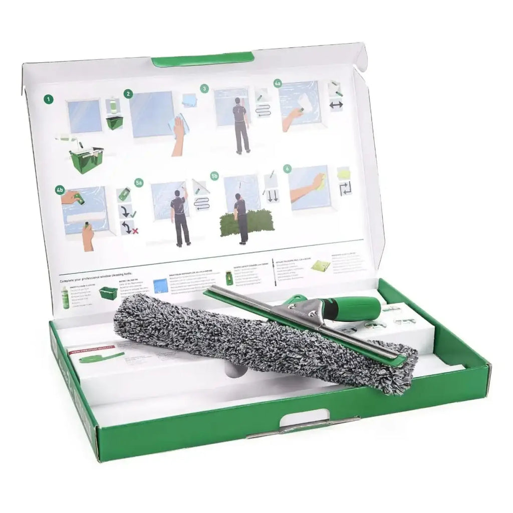 Unger ergotec 2in1 starter set ak011a grüner griff fensterreinigungswerkzeug mit langem metallschieber und mikrofaserkopf