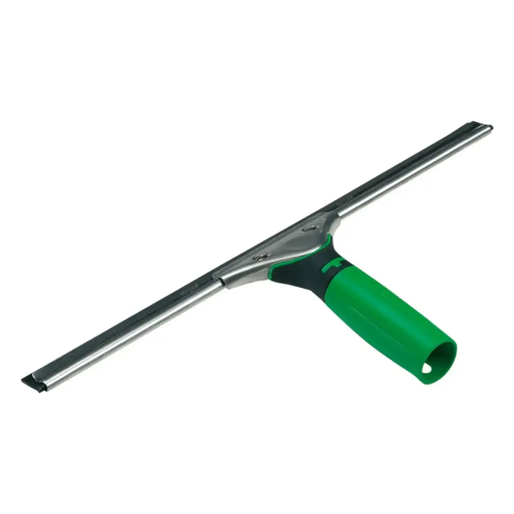 Unger ergotec fensterabzieher mit grünem griff, metallrahmen und schwarzer gummilippe für streifenfreies wischen