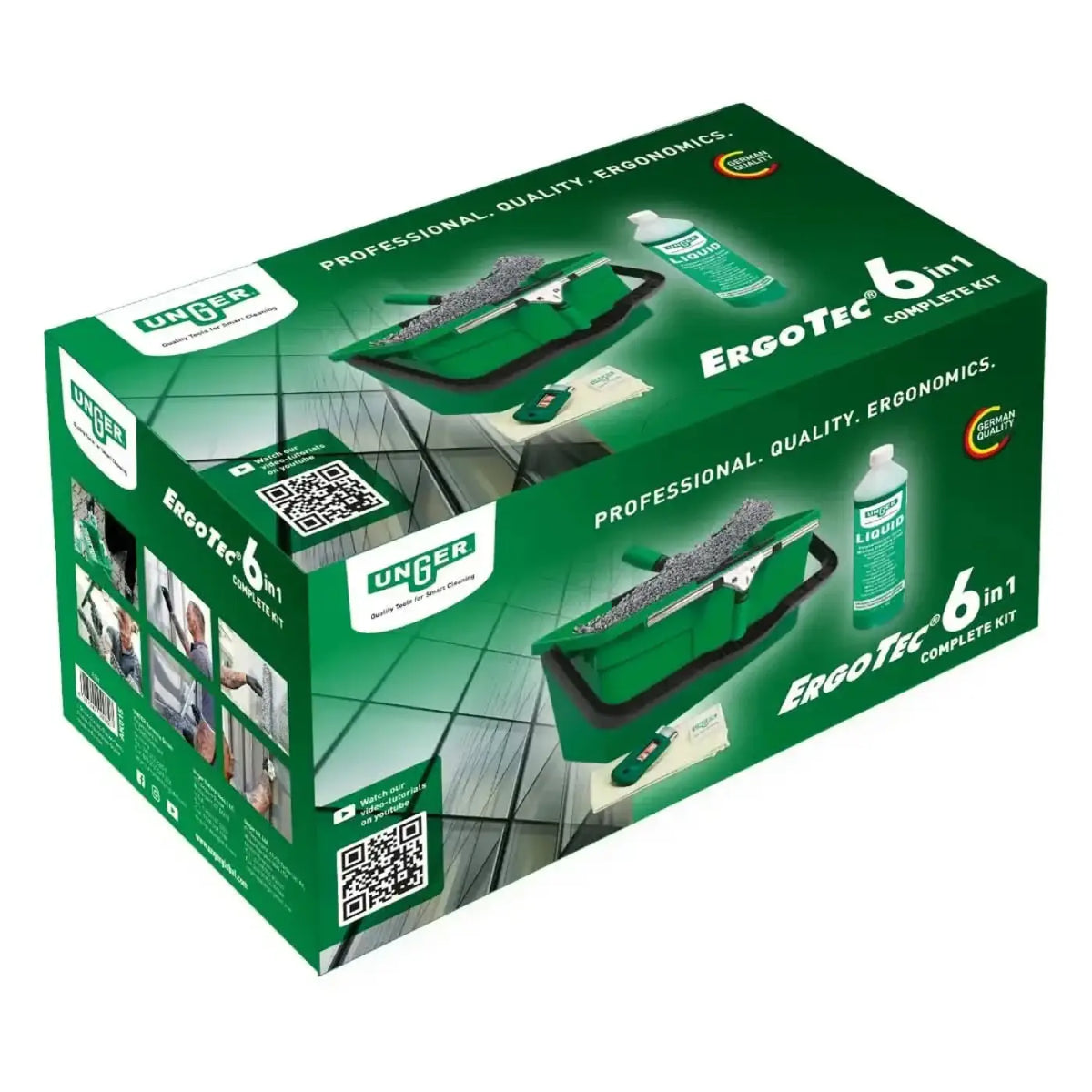 Unger ergotec 6-in-1 komplettset mit grünem mop und reinigungsflasche für effiziente fensterreinigung
