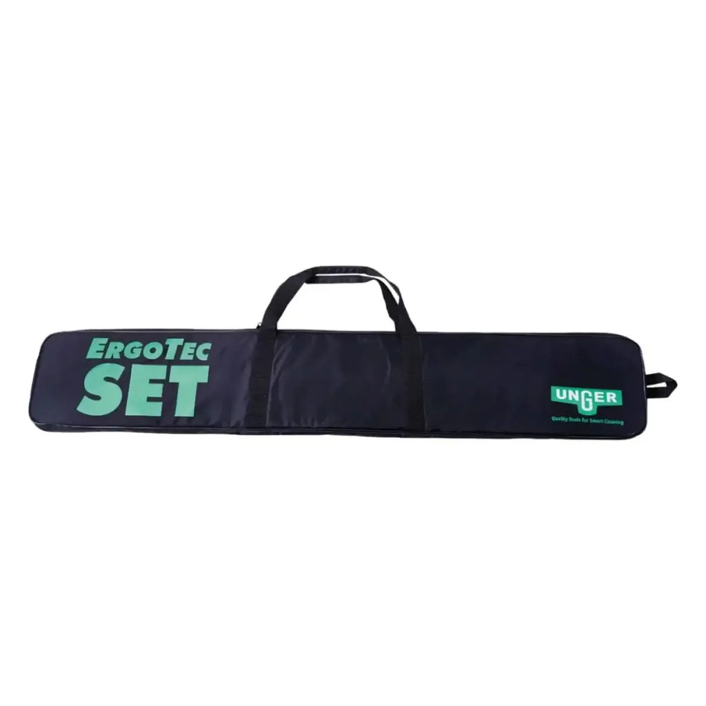 Schwarze stoff-tragetasche mit teal ergotec set und unger branding mit griff und seitenschlaufe