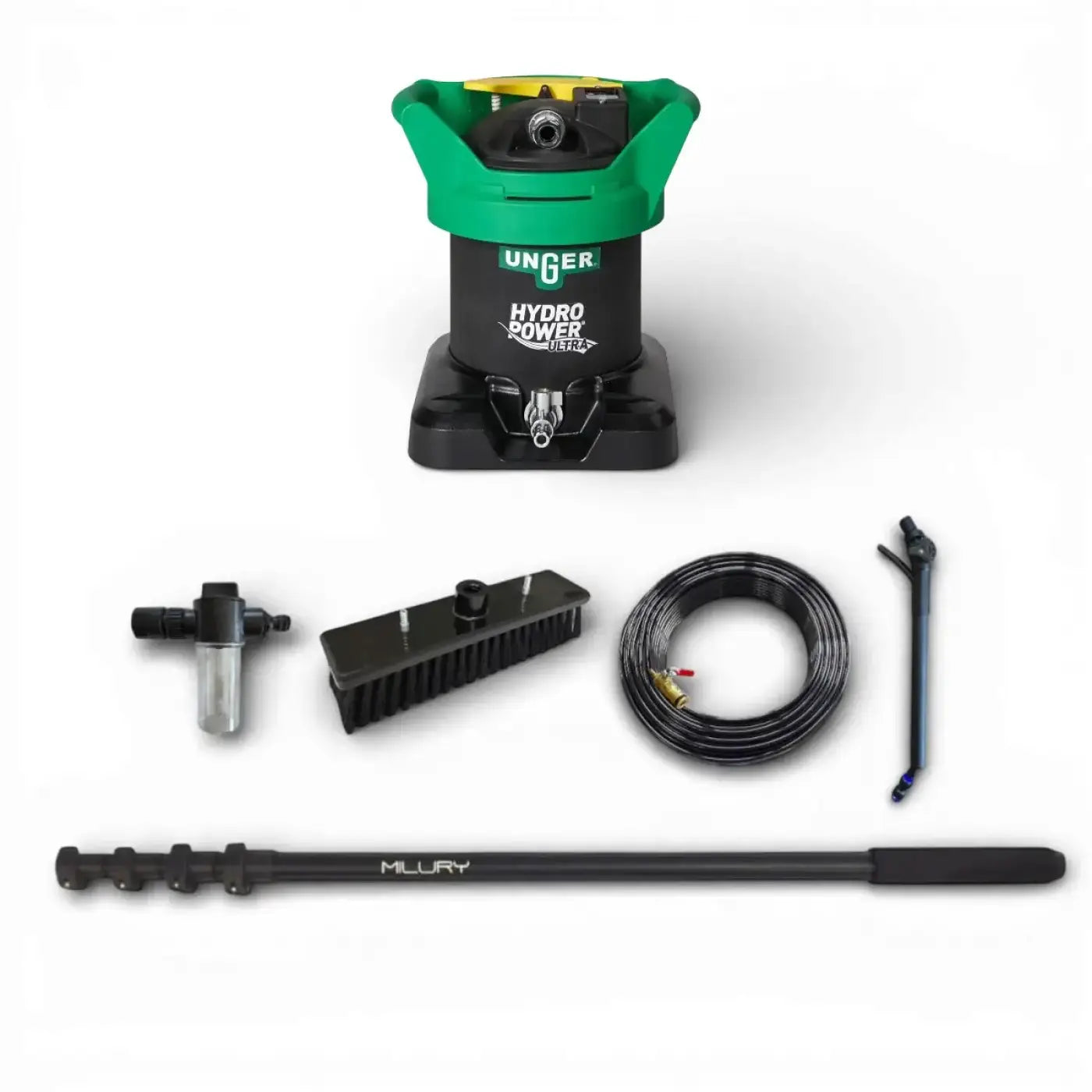 Grün-schwarzer unger hydropower ultra pressure washer mit gelber düsenkappe und milury nex carbon stange 5 meter