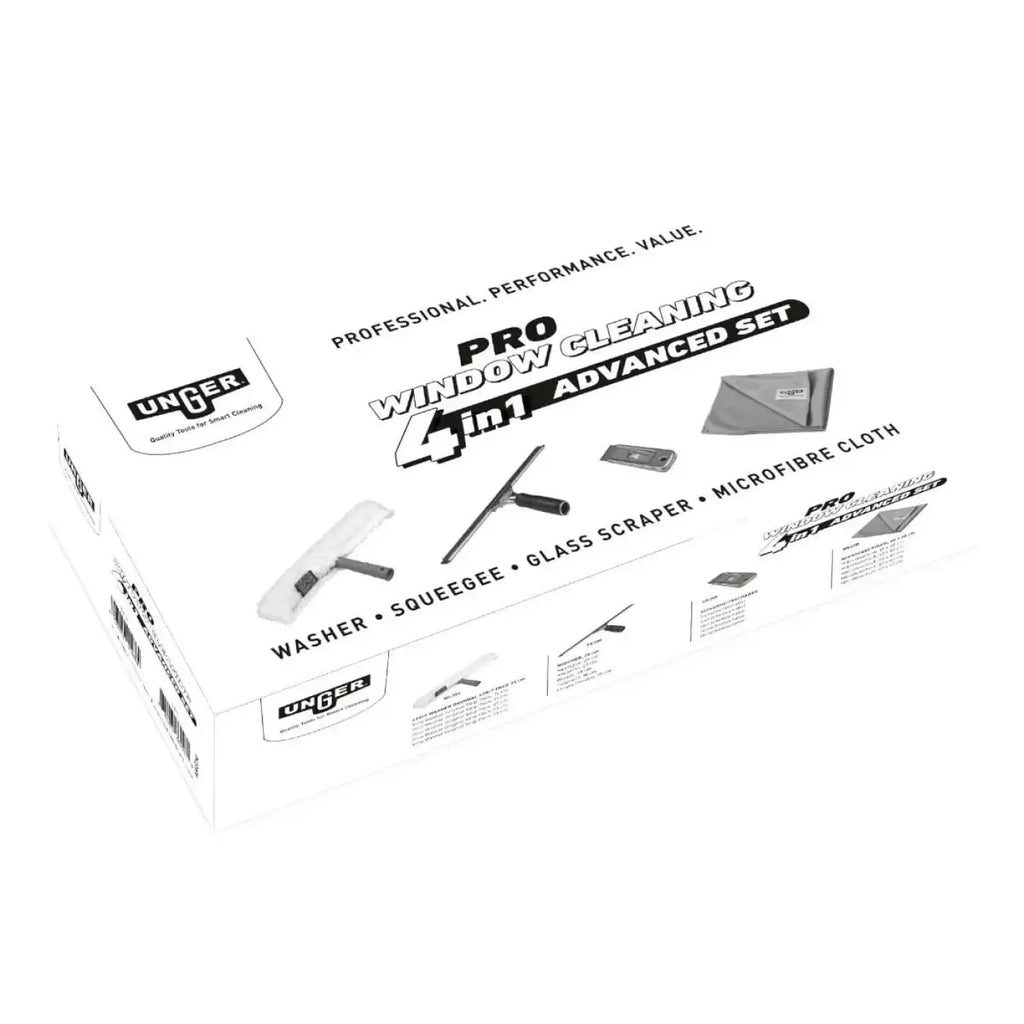 Weiße kartonverpackung für unger pro fensterreinigungsset 4-in-1 advanced akg14 sichtbar von vorne