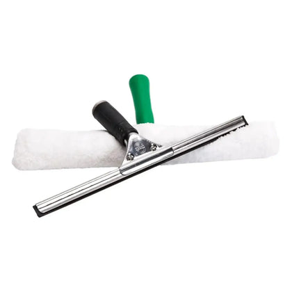 Unger pro starter set 2in1 akg10 glasreiniger set mit silberfarbenem squeegee, schwarzem griff, weißer mikrofaserrrolle und grünem plastikdeckel