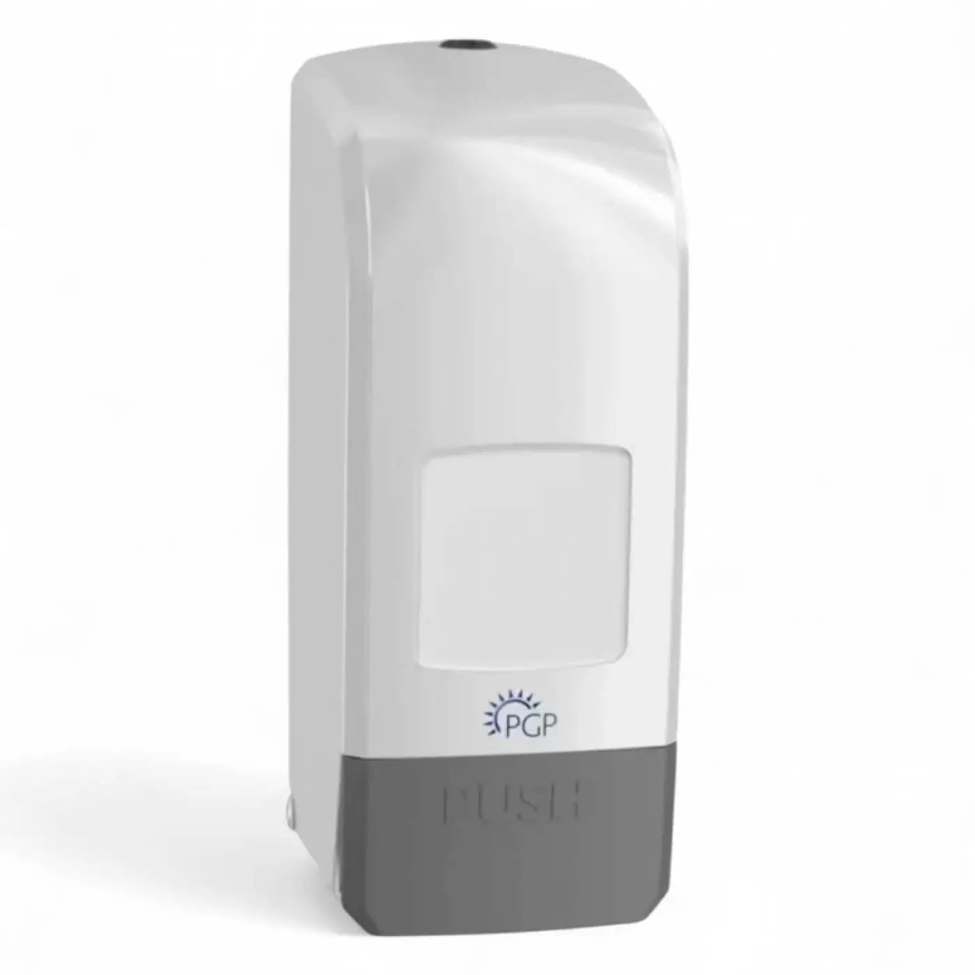 Weißer und grauer wandmontierter variomat pro seifenspender mit transparentem sichtfenster für 1 und 2 liter varioflaschen