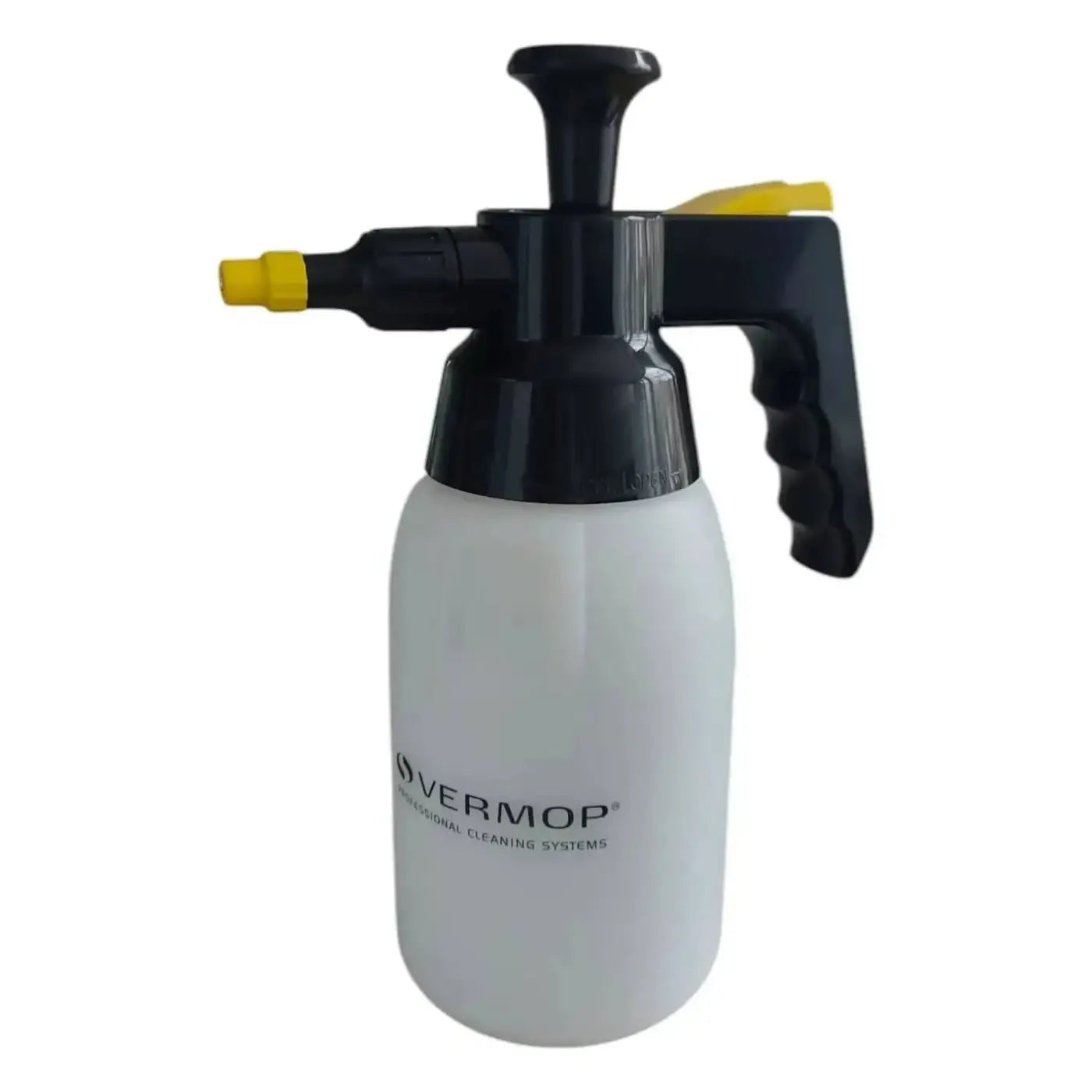 Weiß Kunststoff Druckpumpzerstäuber mit schwarzem Pumpgriff und gelber Düse von vermop professional cleaning systems