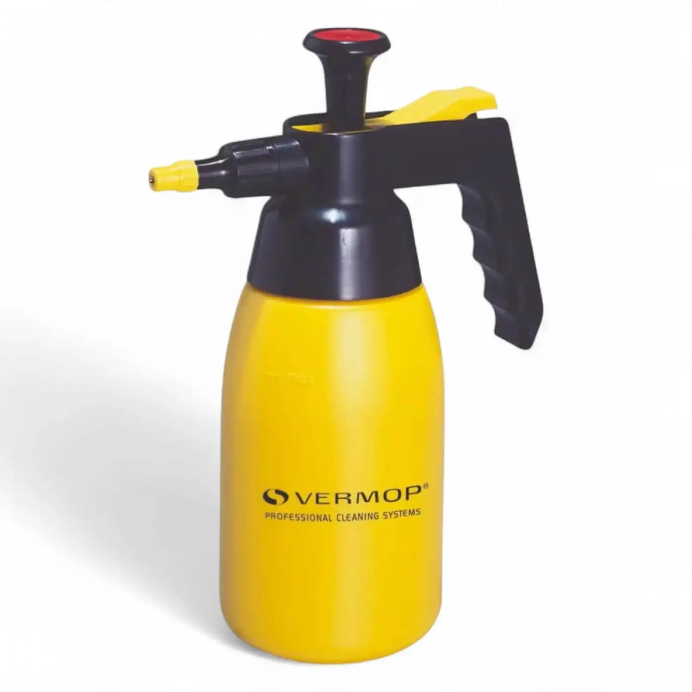 Gelber vermop druckpumpzerstäuber aus kunststoff mit schwarzem und gelbem akzent, rotem oberteil und ergonomischem griff