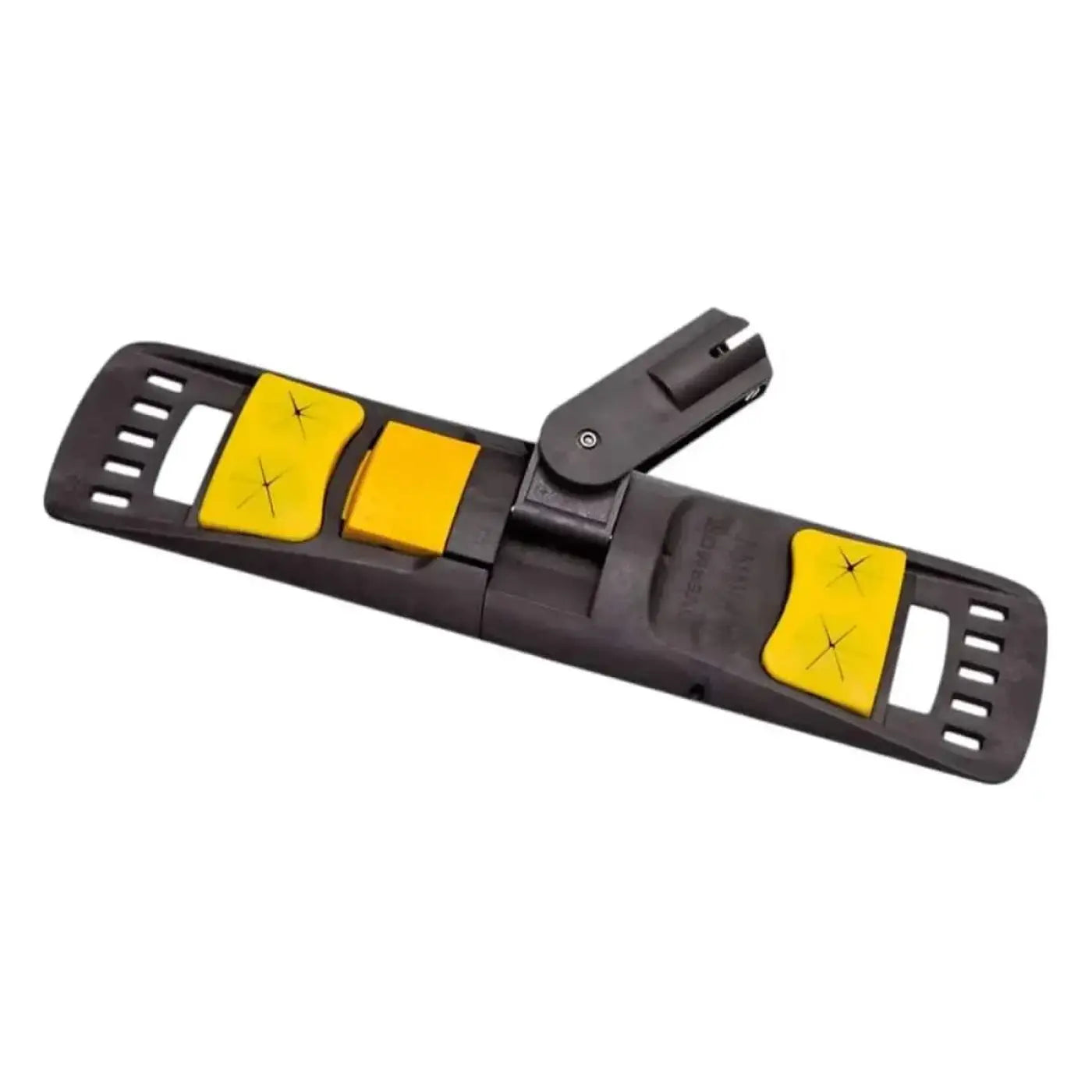 Schwarzer kunststoff mopkopfadapter mit zwei gelben rutschfesten grip-pads und mittigem scharnier vermop sprint plus halter