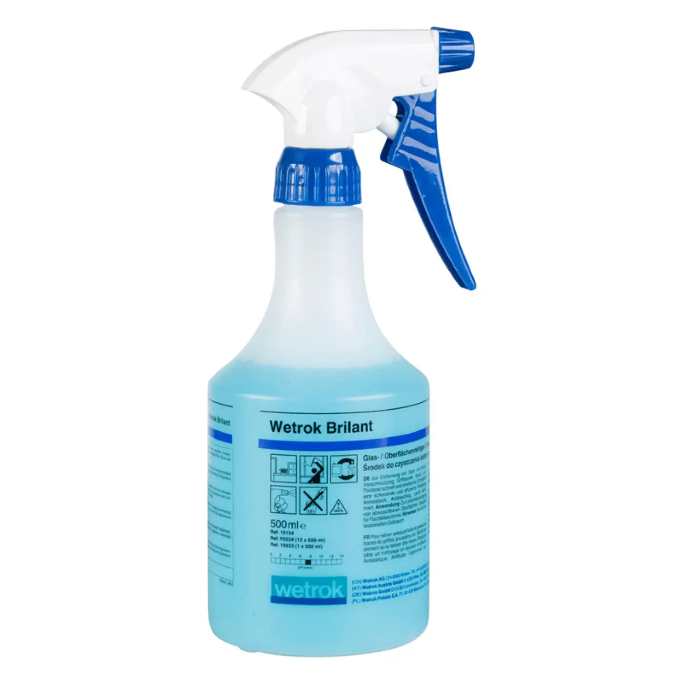 Ein durchsichtiger blauer 500ml sprayflasche wetrok brillant glasreiniger mit weiß-blauem auslöser für glasreinigung