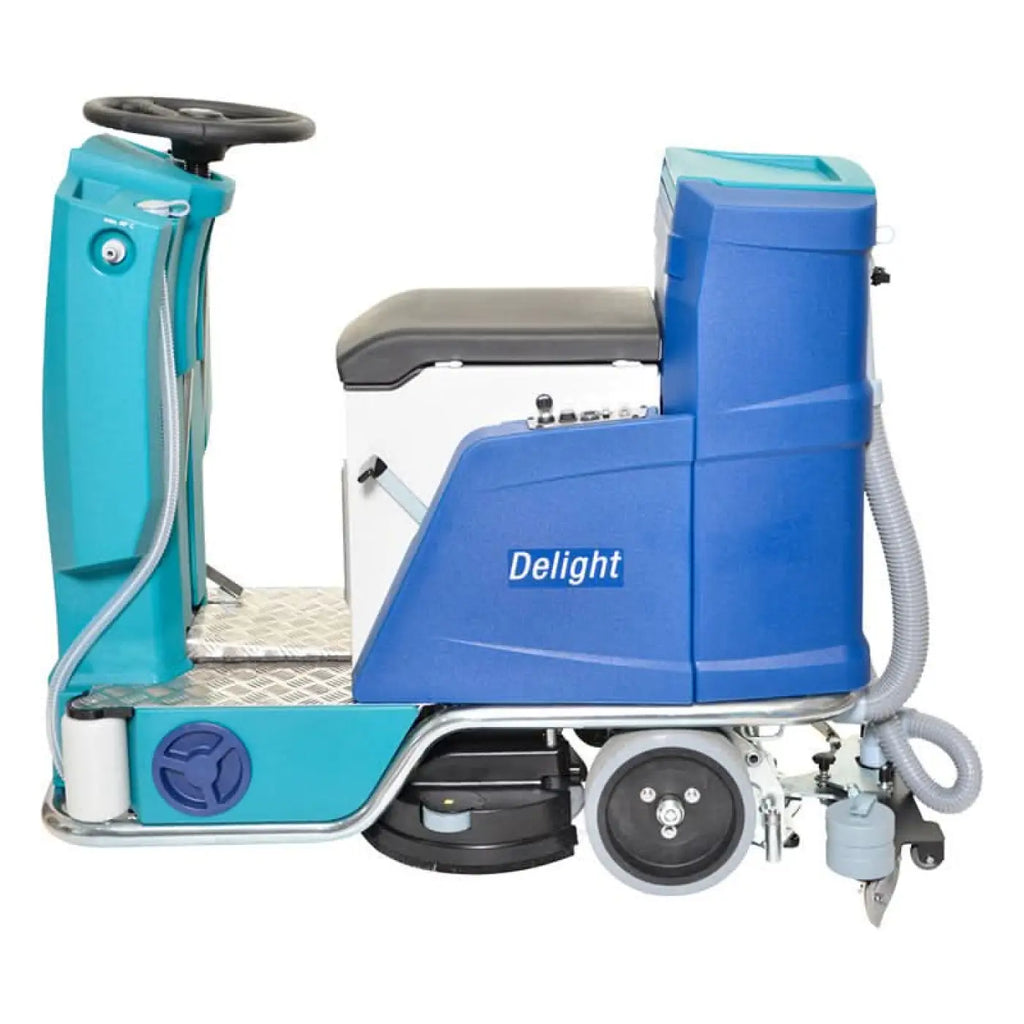 Wetrok drivematic delight dosierscheuersaugmaschine in blau und petrol mit schwarzem lenkrad grauem sitz und silbernem rahmen
