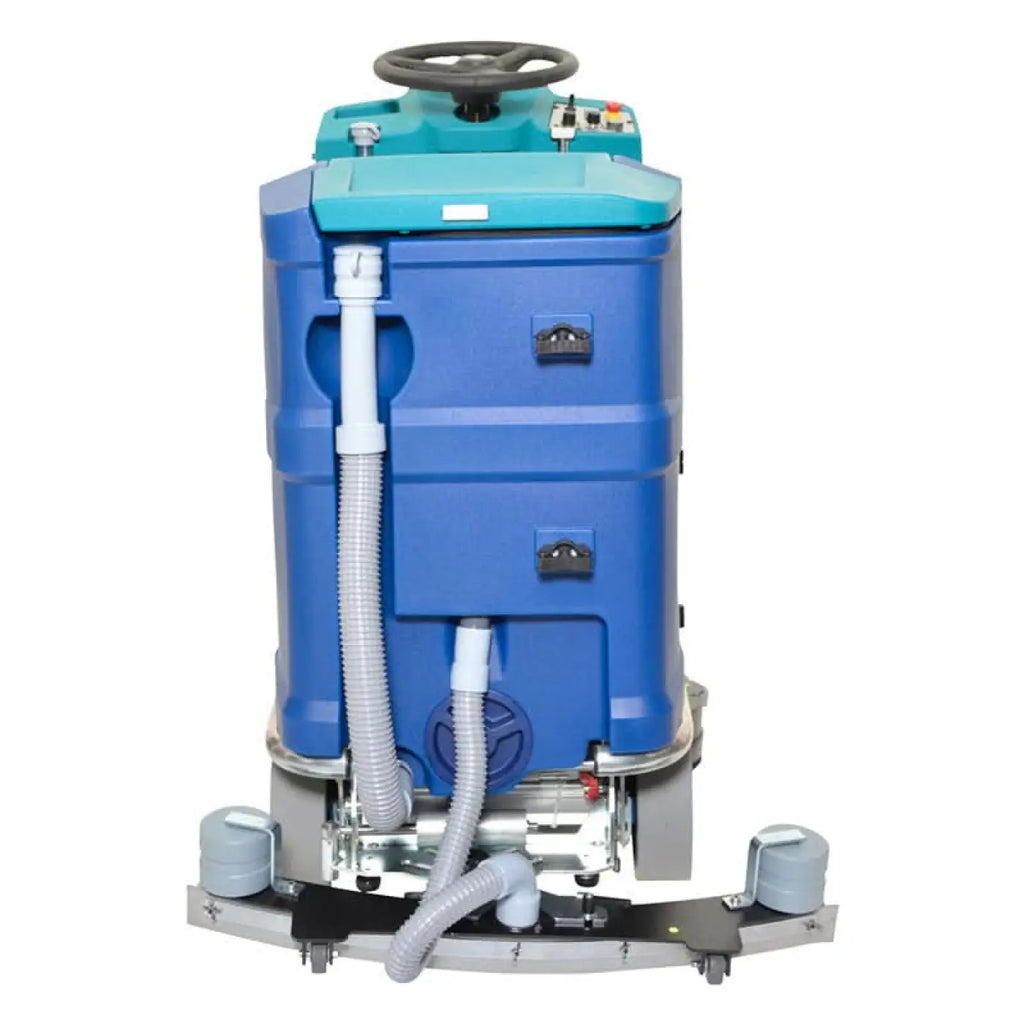 Blue und teal industrielle bodenreinigungsmaschine wetrok drivematic delight mit schwarzem lenkrad grauen schläuchen und metallteilen