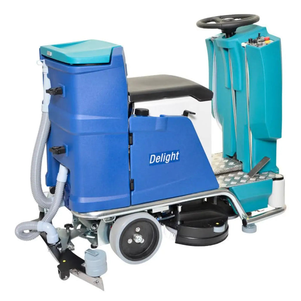 Wetrok drivematic delight dosing scheuersaugmaschine mit blau-teal farbener industrie bodenreinigungsmaschine und schwarzem sitz
