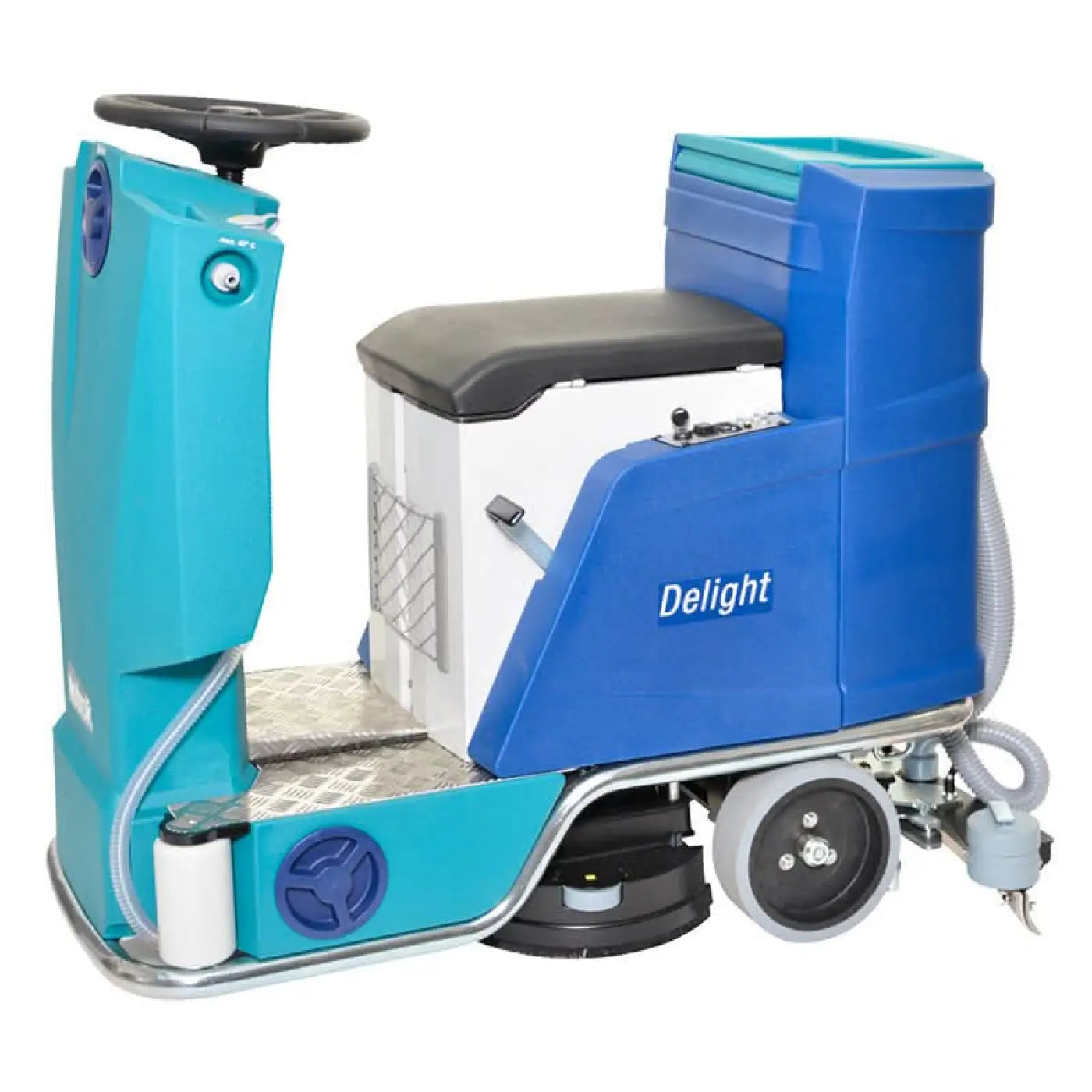 Blau und türkisfarbene Wetrok Drivematic Delight dosierscheuersaugmaschine mit schwarzem sitz, silbernem metallrahmen und gummirädern