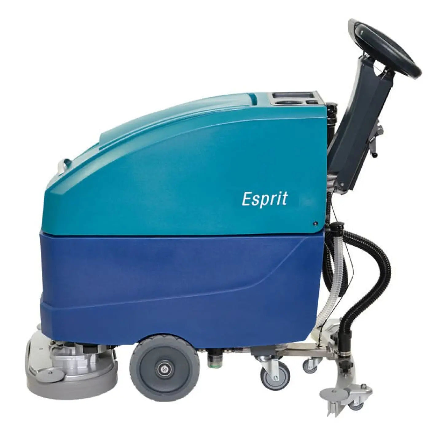 Teal und blau industrielle bodenreinigungsmaschine wetrok duomatic esprit mit schwarzem lenkradgriff sichtbar von hinten