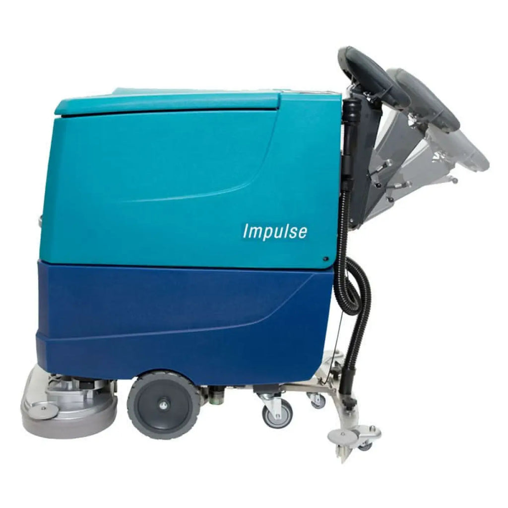 Teal und blaue impulse bodenreinigungsmaschine wetrok duomatic impulse mit grauem griff und schwarzen schläuchen von hinten