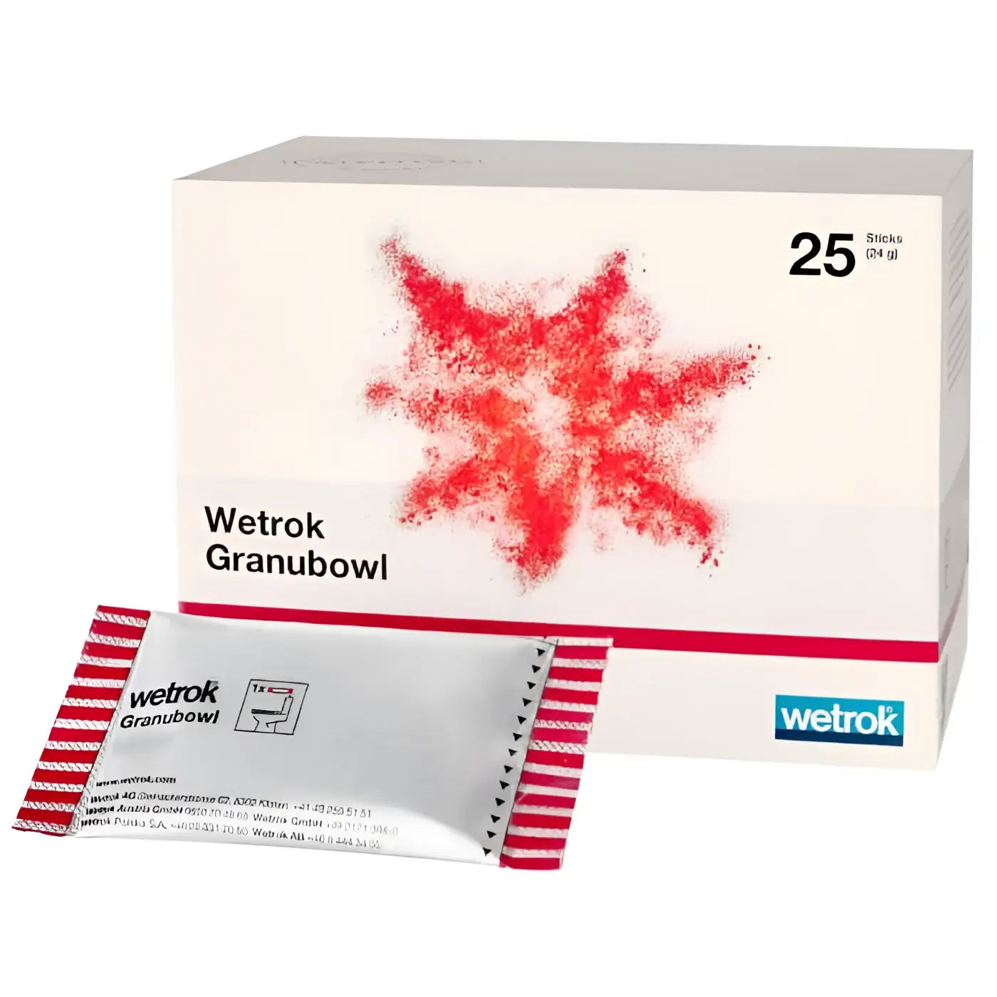 Weiße kartonverpackung mit rotem pulverspritzdesign und wetrok granubowl branding enthält 25 silberfolie päckchen