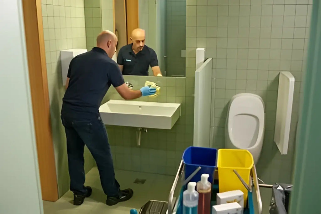 Ein mann in dunkelblauem polo und jeans reinigt ein weißes keramikwaschbecken mit einem gelben schwamm und blauen handschuhen mit wetrok granusan sanitärreiniger sticks