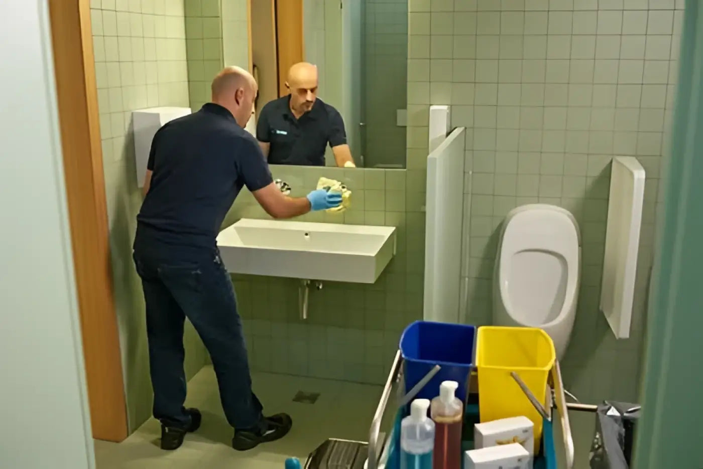 Ein mann in dunkelblauem polo und jeans reinigt ein weißes keramikwaschbecken mit einem gelben schwamm und blauen handschuhen mit wetrok granusan sanitärreiniger sticks