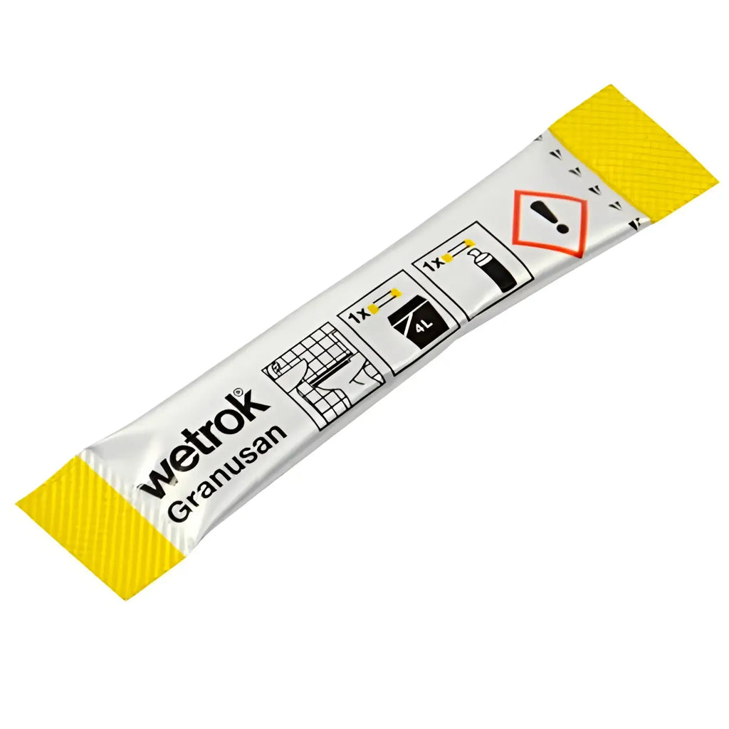 Gelb weiß verpackter wetrok granusan sanitärreiniger stick sachet zur hygienischen reinigung