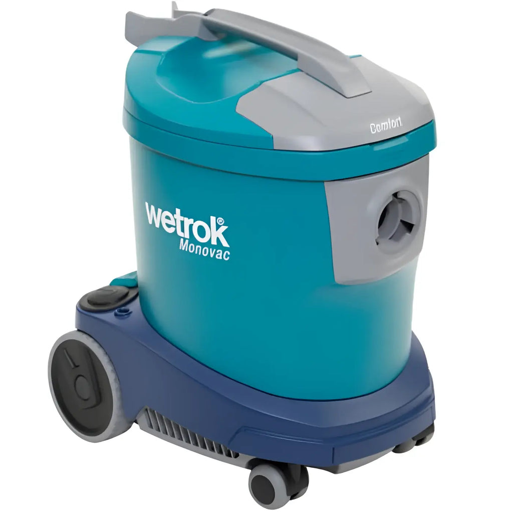 Teal und grau Wetrok Monovac Comfort 11 Staubsauger mit blauem Sockel und schwarzen Rädern, rückansicht