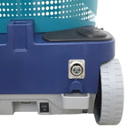 Blauer und tealfarbener kabelloser nasssauger wetrok monovac freedom mit perforiertem deckel, grauen rädern und silbernem stecker