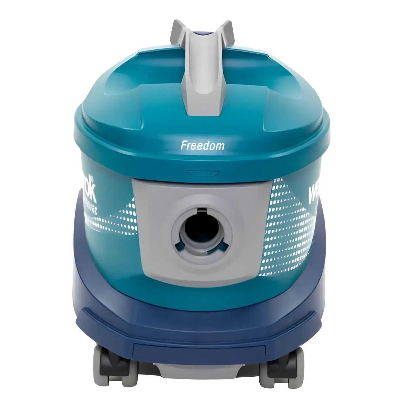 Teal und grau kabeloser staubsauger wetrok monovac freedom mit zylindrischem körper und vier laufrädern