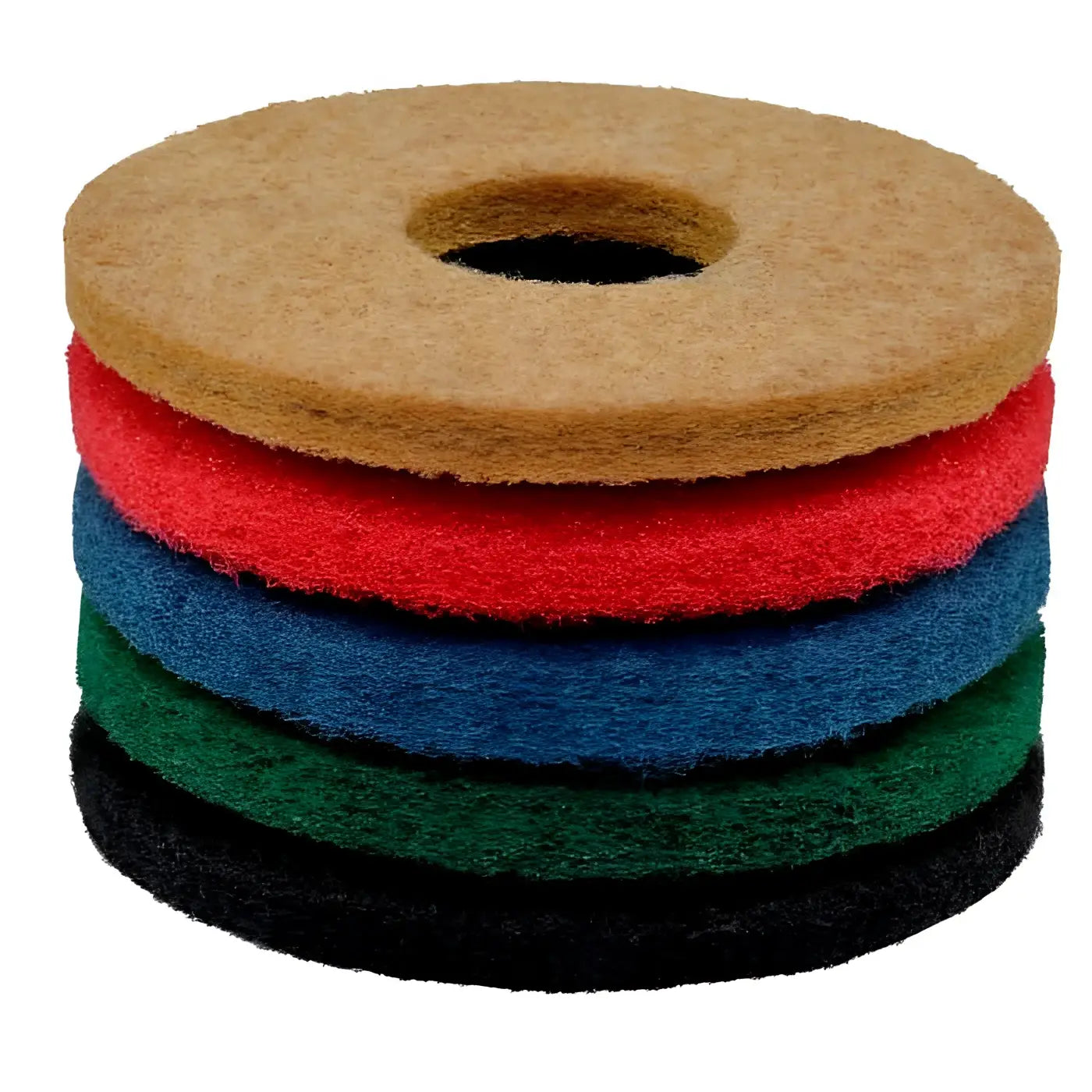 Stapel von fünf runden abrasiven scheuerpads in beige rot blau grün und schwarz wetrok poly-pad scheuerpad 17 zoll 43 cm