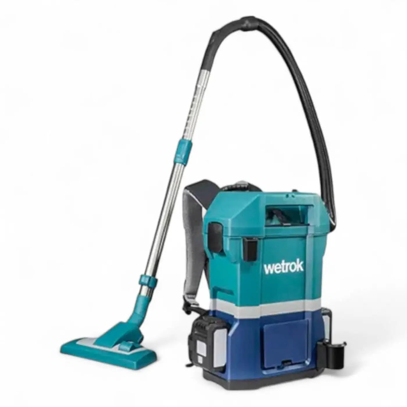 Teal und blaue wetrok portavac befree rückenakkusauger mit silbernem griff und schwarzem schlauch rückansicht