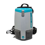 Grau und türkisfarbener wetrok portavac basic int rucksackstaubsauger mit schwarzen gurten und stromkabel von hinten