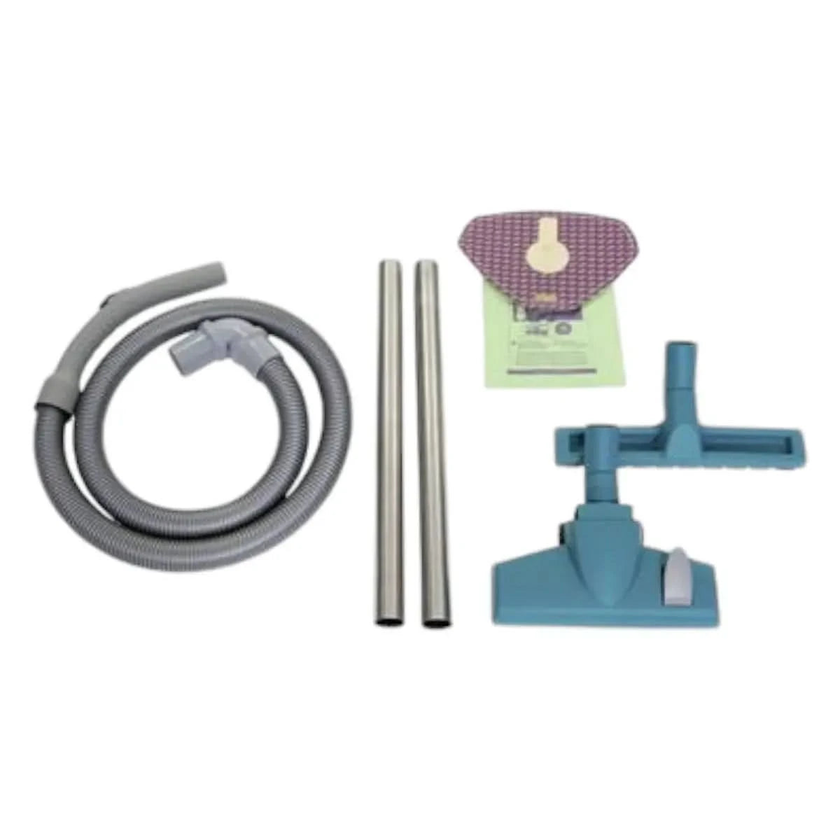 Blauer plastik bodenaufsatz mit grauem flexiblen schlauch und zwei metall verlängerungsrohren für wetrok portavac basic int rucksackstaubsauger