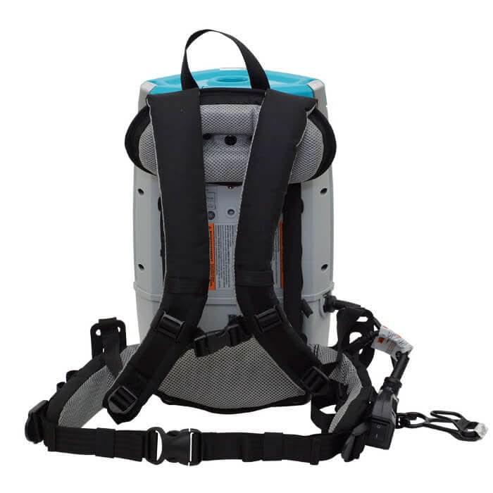 Wetrok portavac comfort int rucksackstaubsauger in grau und türkis mit schwarzen verstellbaren trägern und mesh-polsterung auf der rückseite