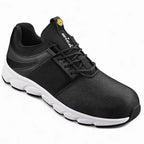 Schwarzer wica® lanzo 31540 halbschuh s1p esd sra mit mesh-material, weißer gummisohle und gelbem logo auf der zunge